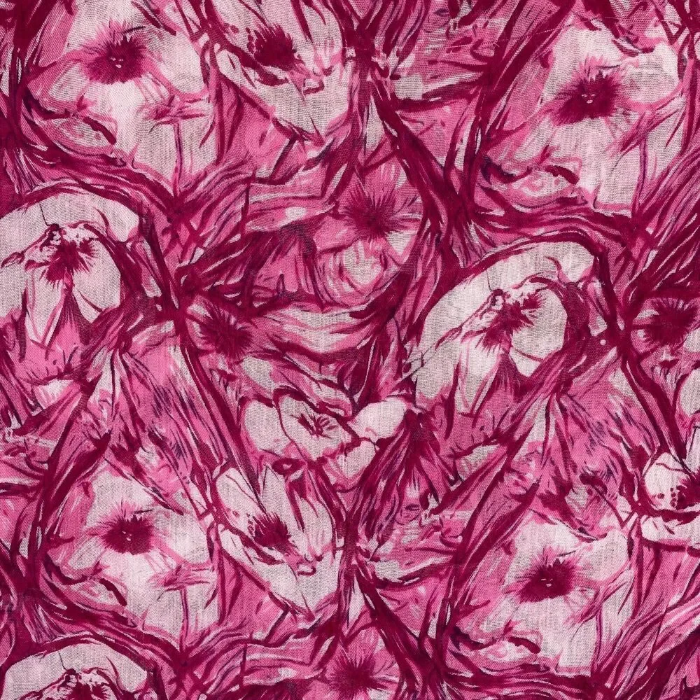 Soft Semi Sheer Viscose Gauze Rectangle Scarf Wrap Pink White Floral Fringe Ends